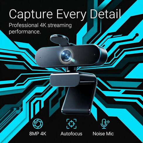 4K Webcam for PC, 8MP Ultra High Definition 30 FPS Autofocus Webcam with Noise Reduction Microphone, Distortion Free USB Camera for Live Streaming, Video Conferencing, Remote Meetings in Saudi Arabia