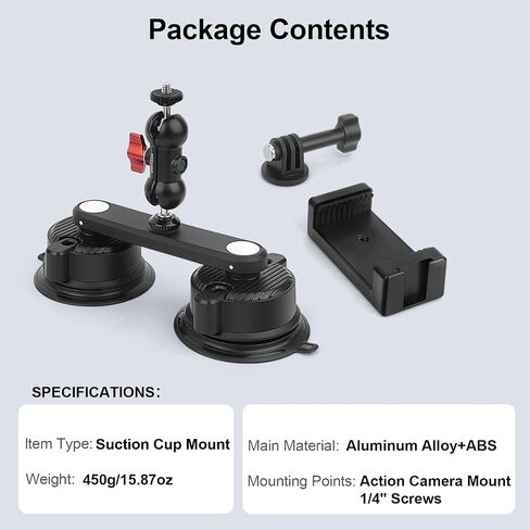 Dual Suction Cup Car Mount with Phone Holder,360°Adjustable for Action Cameras & Smartphones,Windshield,Dashboard,Boat Mount for GoPro Hero 13/12/11/10,DJI OSMO Action,Insta360 X4/X3,and More in Saudi Arabia