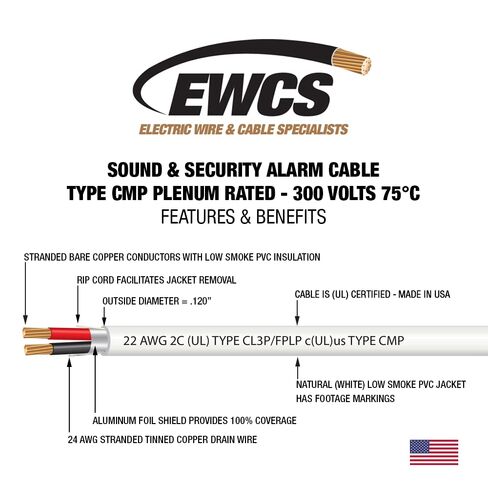 EWCS 22 AWG 2/C Str CMP Plenum Rated Shielded Sound & Security Cable - 1000 Feet - Made in USA in Saudi Arabia