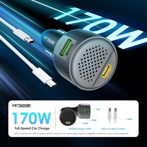 170W Car USB Charger with Built-in Heat Dissipation System, 3 Ports Car Adapter PD 3.1 140W/ PD 30W+QC18W Compatible with MacBook, Laptop, iPhone 17/16/15, Samsung Galaxy S24 (Black) in Saudi Arabia