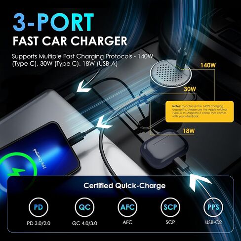 170W Car USB Charger with Built-in Heat Dissipation System, 3 Ports Car Adapter PD 3.1 140W/ PD 30W+QC18W Compatible with MacBook, Laptop, iPhone 17/16/15, Samsung Galaxy S24 (Black) in Saudi Arabia