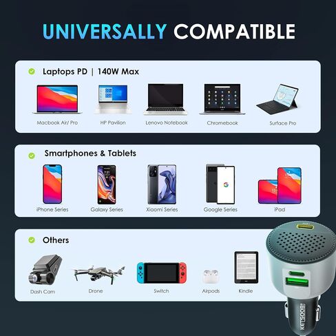 170W Car USB Charger with Built-in Heat Dissipation System, 3 Ports Car Adapter PD 3.1 140W/ PD 30W+QC18W Compatible with MacBook, Laptop, iPhone 17/16/15, Samsung Galaxy S24 (Black) in Saudi Arabia