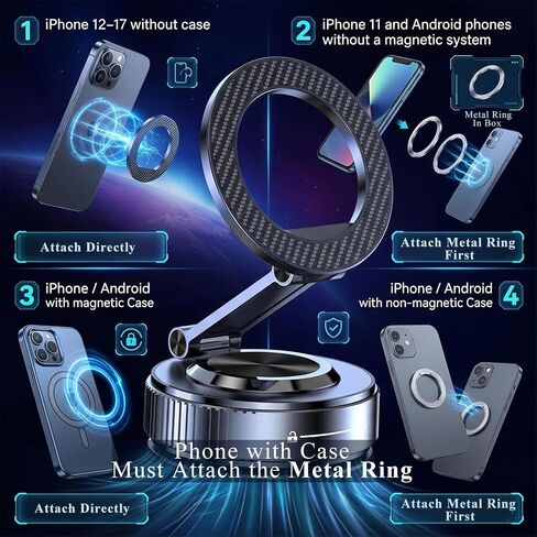 Magnetic Phone Holder for Car,Vacuum Suction Cup Phone Holder,Heavy-Duty Metal Arm&Head, Magsafe Car Mount for iPhone, 360° Adjustable Dashboard Mount,Folding Holder for iPhone and Android in Saudi Arabia