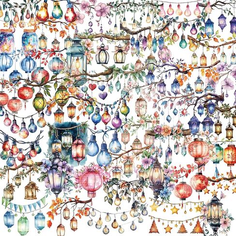 50PCS Watercolor Hanging Lantern and String Light Stickers，Clear Tree Branch Scrapbook Stickers for Journaling, Card Making,Water Bottle Suitcase Phone Skateboard Guitar Bike Laptop Scrapbook in Saudi Arabia