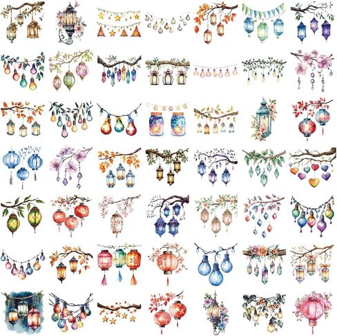 50PCS Watercolor Hanging Lantern and String Light Stickers，Clear Tree Branch Scrapbook Stickers for Journaling, Card Making,Water Bottle Suitcase Phone Skateboard Guitar Bike Laptop Scrapbook in Saudi Arabia