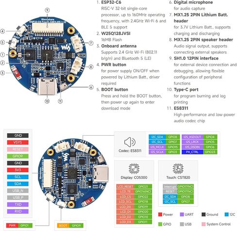 Waveshare ESP32-C6 1.32inch AMOLED Round Touch Display Development Board, 466×466 Pixels, QSPI Interface, Supports Wi-Fi 6 and BT 5 in Saudi Arabia