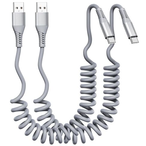كابل USB C ملفوف، سلك شاحن سيارة USB A إلى USB C، عبوتان بطول 3 أقدام، رمادي in Kuwait