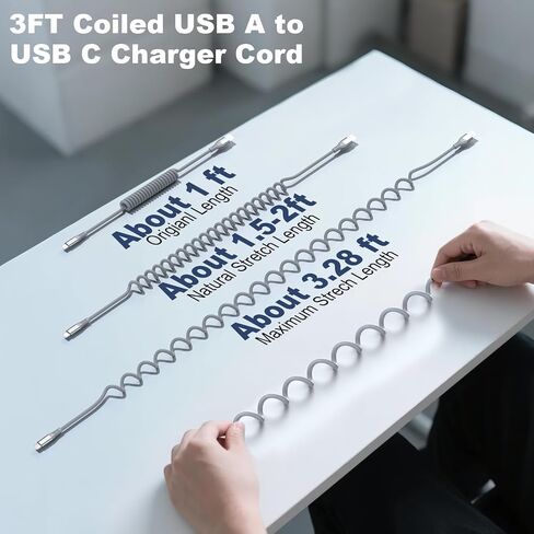 كابل USB C ملفوف، سلك شاحن سيارة USB A إلى USB C، عبوتان بطول 3 أقدام، رمادي in Kuwait