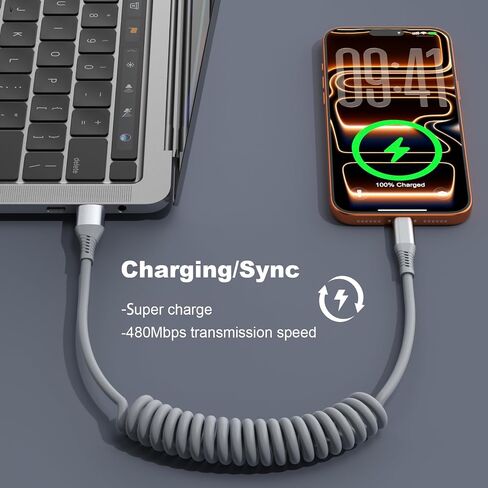 كابل USB C ملفوف، سلك شاحن سيارة USB A إلى USB C، عبوتان بطول 3 أقدام، رمادي in Kuwait