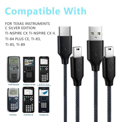 [كابل شحن USB وUSB C مجدول من قطعتين لآلات حاسبة تكساس إنسترومنتس، TI-84 Plus CE، TI-84 Plus C الإصدار الفضي، TI 89 تيتانيوم، TI Nspire CX-3.3ft in Kuwait