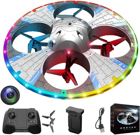 Silvery FPV Quadcopter Aircraft, Round Foam RC UFO Drone equipped with Camera & Multi-Color Switchable LED Lights, supports 360° Flips and Speed Adjustment, Equipped with Standard High-Capacity Long-Life Battery in Saudi Arabia