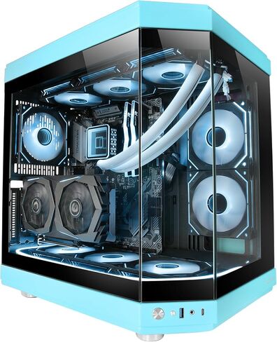 Mars Gaming MC-3T, Custom ATX Gaming Case, Triple Window Continuous Tempered Glass, Full Liquid Cooling, Dual Side Camera, 3x Vertical PCI Slots, USB-C and USB 3.0, Blue in Saudi Arabia