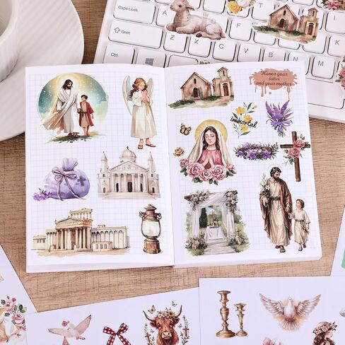 670Pcs+ Vintage Christian Bible Journaling Sticker Book, Faith Stickers with 20 Sheets Tear‑Away Scrapbook Background Papers for Journal Scrapbook Craft Supplies Religious Gift for Women Adults in Saudi Arabia