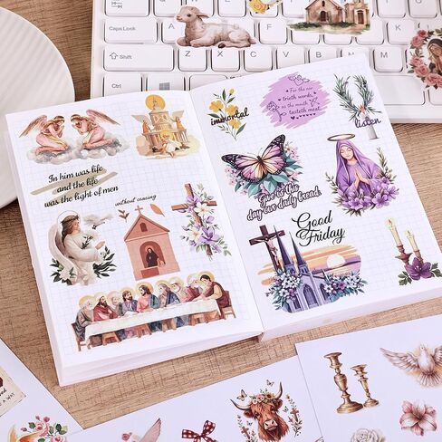 670Pcs+ Vintage Christian Bible Journaling Sticker Book, Faith Stickers with 20 Sheets Tear‑Away Scrapbook Background Papers for Journal Scrapbook Craft Supplies Religious Gift for Women Adults in Saudi Arabia