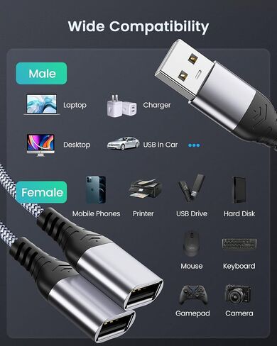 ANDTOBO USB Splitter, USB 2.0 A Male to 2 Dual USB Female Jack Y Splitter Hub Power Cord Extension Adapter Cable in Saudi Arabia