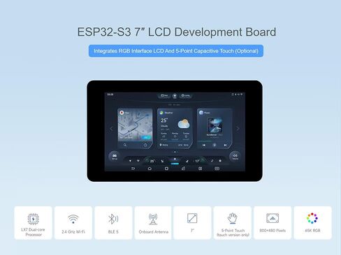 ESP32-S3 7inch Touch LCD Display Development Board, 800×480 Pixels 65K RGB 5-Point Touch Screen, Onboard Sensor, CAN, RS485, I2C Interface, etc. Supports 2.4GHz Wi-Fi & Bluetooth 5 in Saudi Arabia