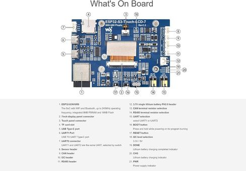 ESP32-S3 7inch Touch LCD Display Development Board, 800×480 Pixels 65K RGB 5-Point Touch Screen, Onboard Sensor, CAN, RS485, I2C Interface, etc. Supports 2.4GHz Wi-Fi & Bluetooth 5 in Saudi Arabia