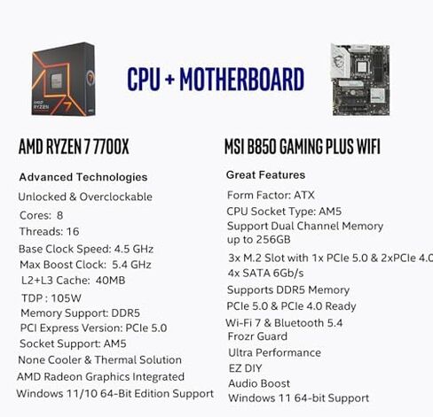 Micro Center CPU Motherboard Memory Combo: AMD Ryzen 7 7700X CPU Processor + MSI B850 Gaming Plus WiFi Motherboard + KLEVV Urbane V RGB DDR5 32GB 6000MHz CL30 Ram Memory White in Saudi Arabia
