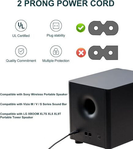 سلك طاقة تيار متردد متوافق مع شريط الصوت Vizio M/V/S Series Sony GTK-XB90 GTK-XB60 SRS-XP700 SRS-XP500 MHC-V71 مكبر صوت لاسلكي محمول ثنائي الشق كابل شحن بديل 3 أقدام in Kuwait