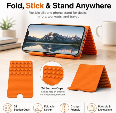 Flexible Silicone Phone Stand with 24 Pcs Suction Cups, Bendable Adjustable Phone Holder, Anti-Slip Foldable Desktop & Wall-Mount Stand for Smartphones, Tablets, and Lightweight Devices in Saudi Arabia