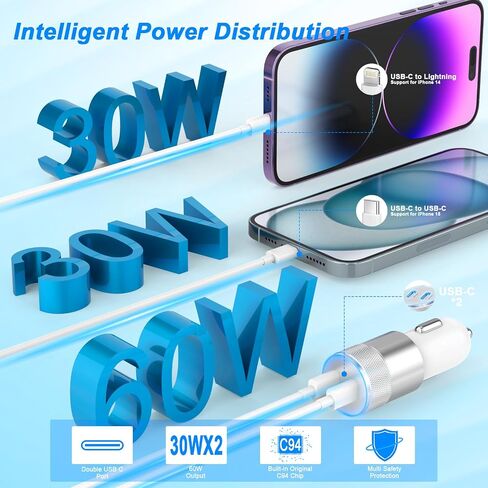iPhone Car Charger Fast Charging, 60W Car Charger+Two Types of Cables, 2PCS in Saudi Arabia