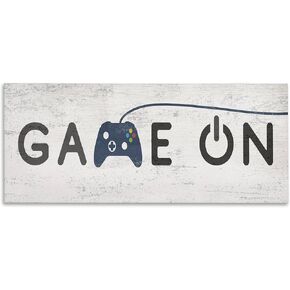 وحدة تحكم زرقاء عتيقة للعبة Stupell Industries Game On Video Gamer Phrase، من تصميم Daphne Polselli، لوحة حائط، مقاس 7 × 17، رمادي in Kuwait