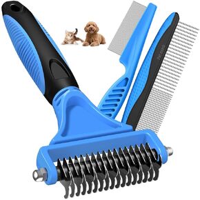 3PCS Pet Grooming Rake & Metal Comb & Flea Comb for Cats and Dogs, Double-Sided Dematting Tool, Extra-Wide Deshedding Dog Brush for Long Hair to Effectively Remove Tangles, Knots and Mats (Blue) in Kuwait