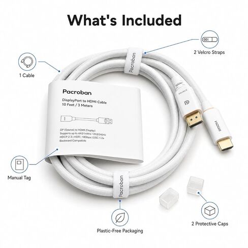 Pacroban DisplayPort to HDMI Cable 10FT, Uni-Directional DP (Source) to HDMI (Display), 4K 60Hz Active Cable with Audio, White Cord for Monitor, Projector, PC in Kuwait