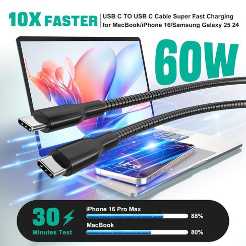 60W Metal Braided USB-C to USB-C Cable 6.6ft, Cat & Dog Chew Proof USB C Cable with Data Sync, Type C Metal Charging Cord for iPhone 17/16/15, Galaxy S24, Pixel, MacBook, iPad in Saudi Arabia