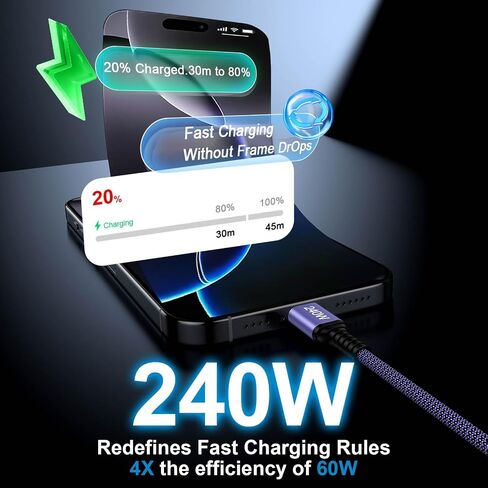 240W USB C to USB C Cable 10FT, Super Fast Charger Type C Cable for Samsung in Saudi Arabia