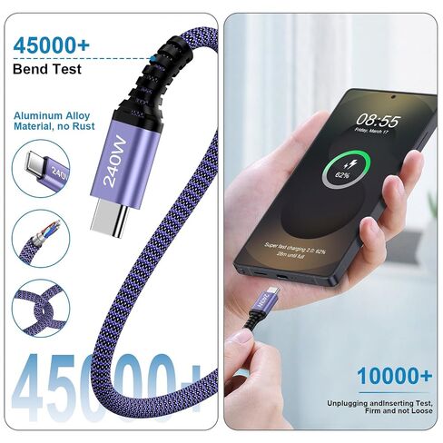 240W USB C to USB C Cable 10FT, Super Fast Charger Type C Cable for Samsung in Saudi Arabia