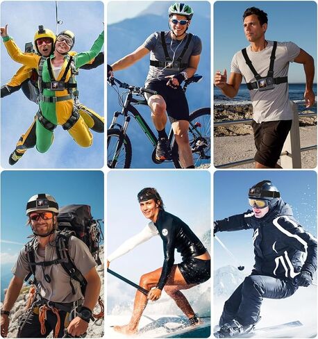 Action Camera Accessories Kit: Chest Mount Harness Strap Head Strap Mount Holder for Recording VLOG/POV, Hands Free Body Harness Strap Mount Kit for Most Action Cameras in Saudi Arabia