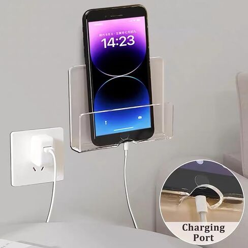 MIUPOO Clear Wall Mounted Phone Holder,Acrylic Phone Stand Self Adhesive with Charging Hole,Smartphone Cradle Bedside Organizer Remote Control Stand for RV Charging,2 Pieces. (2, Clear) in Saudi Arabia