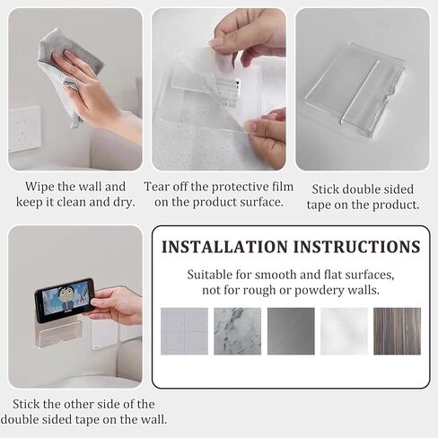 MIUPOO Clear Wall Mounted Phone Holder,Acrylic Phone Stand Self Adhesive with Charging Hole,Smartphone Cradle Bedside Organizer Remote Control Stand for RV Charging,2 Pieces. (2, Clear) in Saudi Arabia