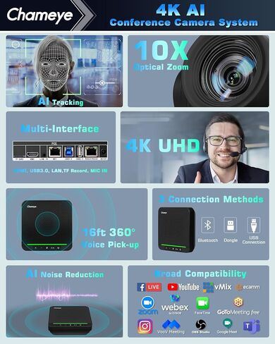 Chameye 4K PTZ Conference Room Camera 10X Optical Zoom and Bluetooth Conference Microphone, AI Auto Tracking, USB3.0 Plug and Play 4K HDMI PoE TF-Recording for Hybrid Meeting Small Church, C410x2+S4 in Saudi Arabia