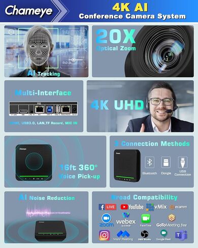 Chameye 4K PTZ Conference Room Camera and Bluetooth Conference Microphone, 20X Optical Zoom AI Auto Tracking, USB3.0 Plug and Play 4K HDMI PoE TF-Recording for Hybrid Meeting Speech Church, CH420x2+S4 in Saudi Arabia