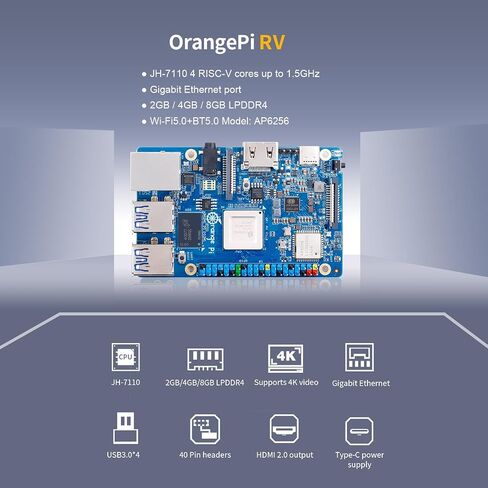 Orange Pi RV 2GB LPDDR4 RISC-V Single Board Computer with StarFive JH7100 4-Core 64-Bit Processor, Wi-Fi 5.0/Bluetooth 5.0, Development Board Run Linux/Debian (8GB) in Saudi Arabia