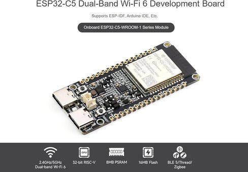 ESP32-C5 5GHz 2.4GHz Dual-Band Wi-Fi 6 Development Board, Adopts ESP32-C5-WROOM-1 Series Module, Integrates Bluetooth 5, Zigbee 3.0 and Thread Protocols, 16MB Flash, 8MB PSRAM in Saudi Arabia