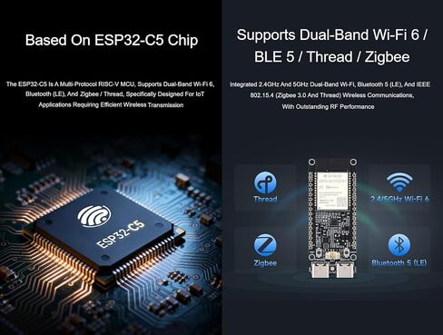 ESP32-C5 5GHz 2.4GHz Dual-Band Wi-Fi 6 Development Board, Adopts ESP32-C5-WROOM-1 Series Module, Integrates Bluetooth 5, Zigbee 3.0 and Thread Protocols, 16MB Flash, 8MB PSRAM in Saudi Arabia