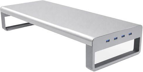 OTM Essentials Aluminum Monitor Stand with 4 USB Ports, Non-Slip Padding & Tilted Surface, Slim Computer Monitor Riser for Laptop, PC & Gaming Desk Organizer, Silver Finish for Home & Office Setup in Saudi Arabia