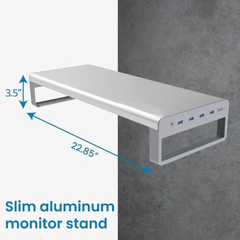 OTM Essentials Aluminum Monitor Stand with 4 USB Ports, Non-Slip Padding & Tilted Surface, Slim Computer Monitor Riser for Laptop, PC & Gaming Desk Organizer, Silver Finish for Home & Office Setup in Saudi Arabia