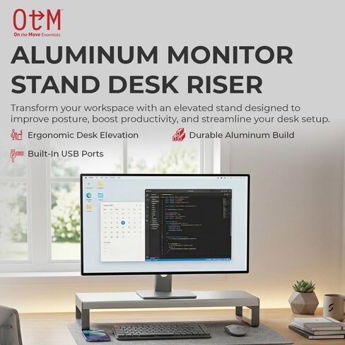 OTM Essentials Aluminum Monitor Stand with 4 USB Ports, Non-Slip Padding & Tilted Surface, Slim Computer Monitor Riser for Laptop, PC & Gaming Desk Organizer, Silver Finish for Home & Office Setup in Saudi Arabia