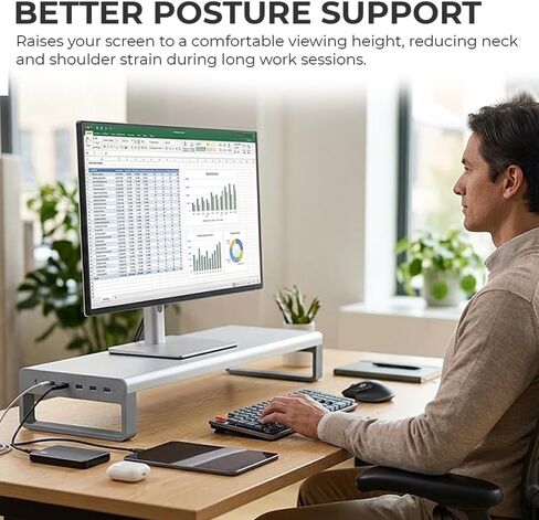 OTM Essentials Aluminum Monitor Stand with 4 USB Ports, Non-Slip Padding & Tilted Surface, Slim Computer Monitor Riser for Laptop, PC & Gaming Desk Organizer, Silver Finish for Home & Office Setup in Saudi Arabia