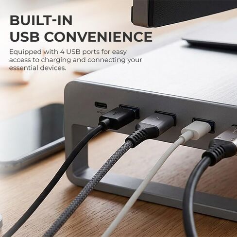 OTM Essentials Aluminum Monitor Stand with 4 USB Ports, Non-Slip Padding & Tilted Surface, Slim Computer Monitor Riser for Laptop, PC & Gaming Desk Organizer, Silver Finish for Home & Office Setup in Saudi Arabia