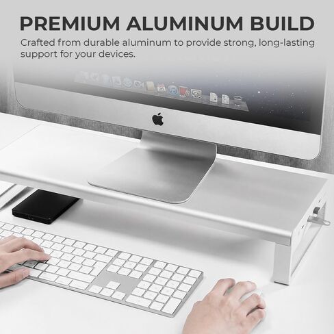 OTM Essentials Aluminum Monitor Stand with 4 USB Ports, Non-Slip Padding & Tilted Surface, Slim Computer Monitor Riser for Laptop, PC & Gaming Desk Organizer, Silver Finish for Home & Office Setup in Saudi Arabia
