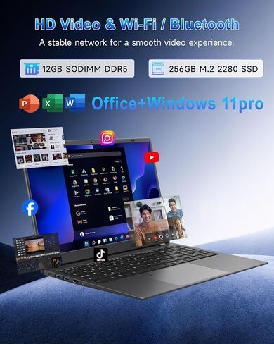 كمبيوتر محمول، شاشة FHD IPS مقاس 15.6 بوصة، معالج N95 (Beat N5095)، ذاكرة الوصول العشوائي DDR5 عالية السرعة 12 جيجابايت، 256 جيجابايت SSD، WiFi 6 BT 5.3، بصمة الإصبع، لوحة مفاتيح بإضاءة خلفية، كمبيوتر محمول خفيف الوزن لمكتب طلاب الأعمال in Kuwait