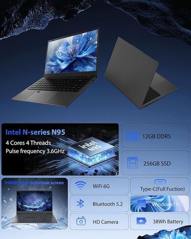 كمبيوتر محمول، شاشة FHD IPS مقاس 15.6 بوصة، معالج N95 (Beat N5095)، ذاكرة الوصول العشوائي DDR5 عالية السرعة 12 جيجابايت، 256 جيجابايت SSD، WiFi 6 BT 5.3، بصمة الإصبع، لوحة مفاتيح بإضاءة خلفية، كمبيوتر محمول خفيف الوزن لمكتب طلاب الأعمال in Kuwait