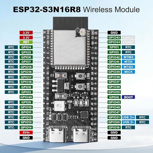 ESP32-S3 Dev Board N16R8 with Pre-Soldered IPEX Antenna Connector & Expansion Base Board, 16MB Flash + 8MB PSRAM, WiFi Bluetooth 5.0, USB-C, Compatible with Arduino IDE in Saudi Arabia