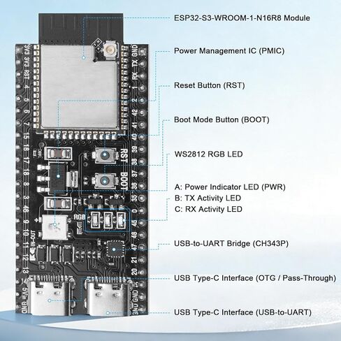 ESP32-S3 Dev Board N16R8 with Pre-Soldered IPEX Antenna Connector & Expansion Base Board, 16MB Flash + 8MB PSRAM, WiFi Bluetooth 5.0, USB-C, Compatible with Arduino IDE in Saudi Arabia