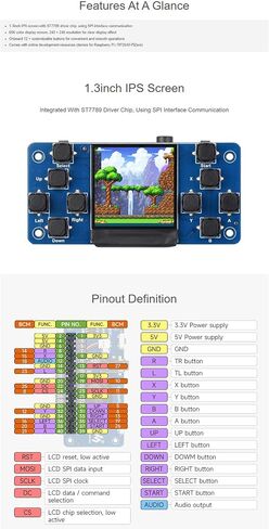 GamePi13 Game Console Onboard 1.3inch LCD 240 × 240 Resolution for Raspberry Pi / RP2040-PiZero, with ST7789 Driver Chip SPI Interface 12 Customizable Buttons, Board Only (Retro Gaming) in Saudi Arabia